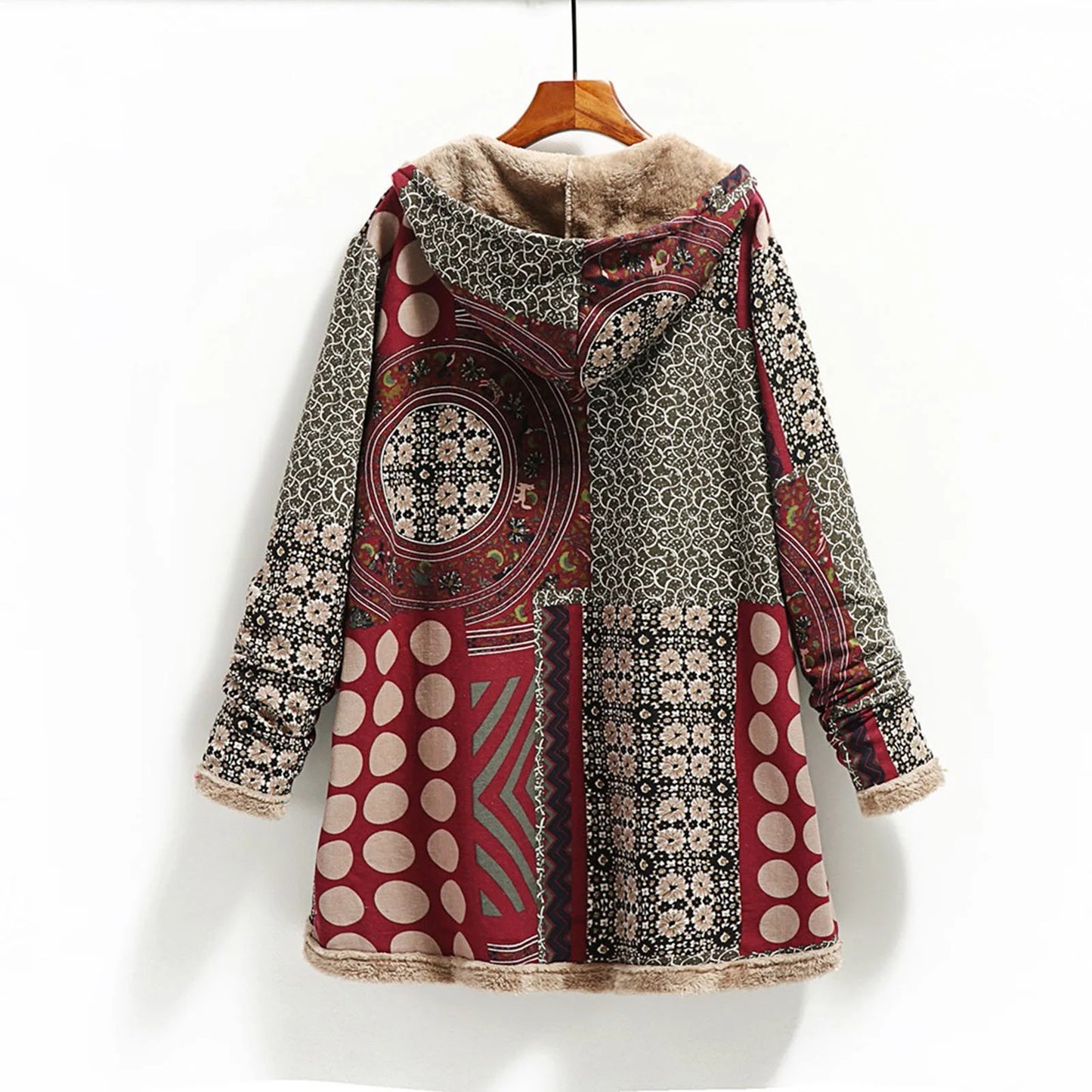 Fall Winter Fleece Jacket for Women Cotton and Linen Vintage Ethnic Printed Long Sleeve Hooded Pocket plus Velvet Casual Buttons Warm Outwear Coat #A01-Wine XXXL