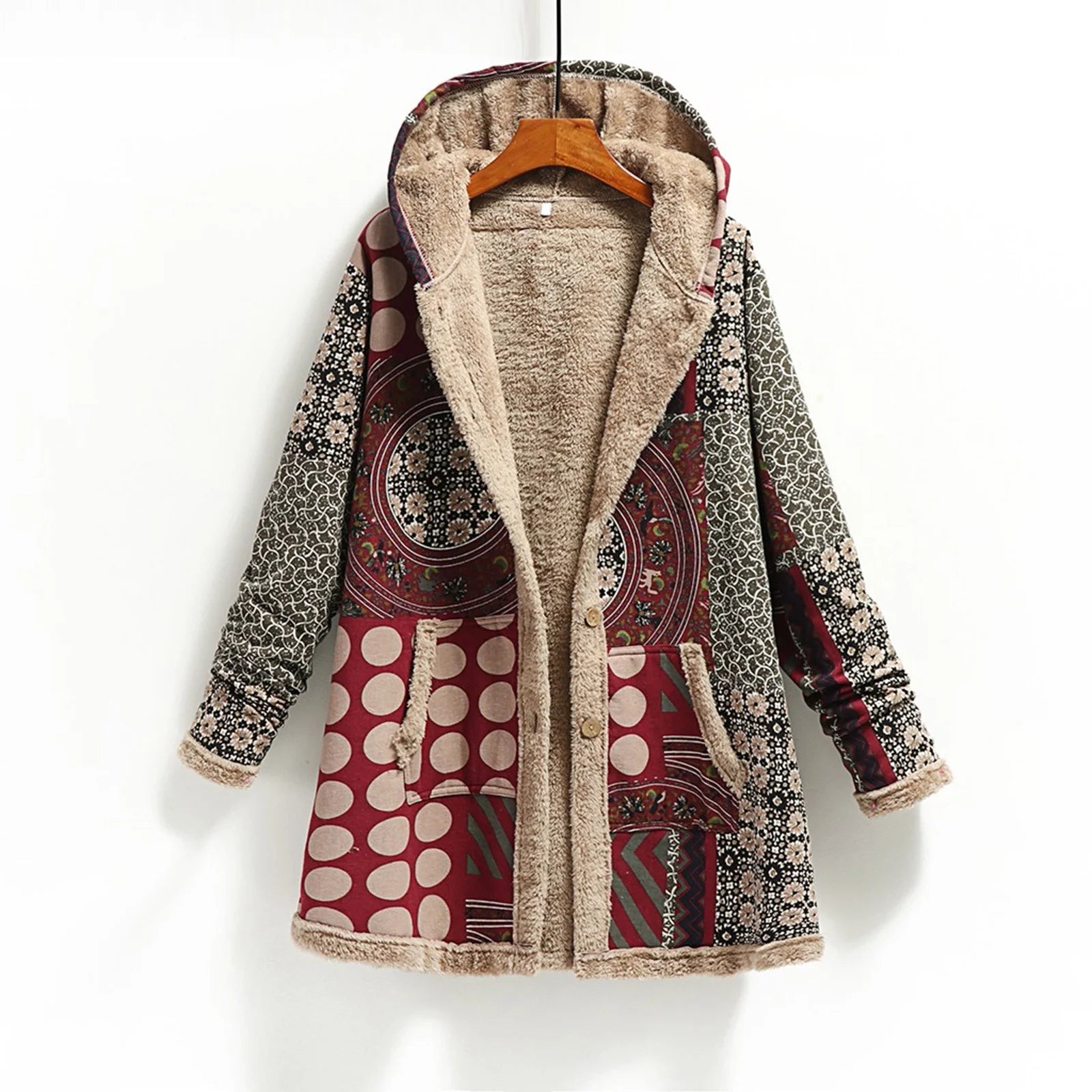 Fall Winter Fleece Jacket for Women Cotton and Linen Vintage Ethnic Printed Long Sleeve Hooded Pocket plus Velvet Casual Buttons Warm Outwear Coat #A01-Wine XXXL