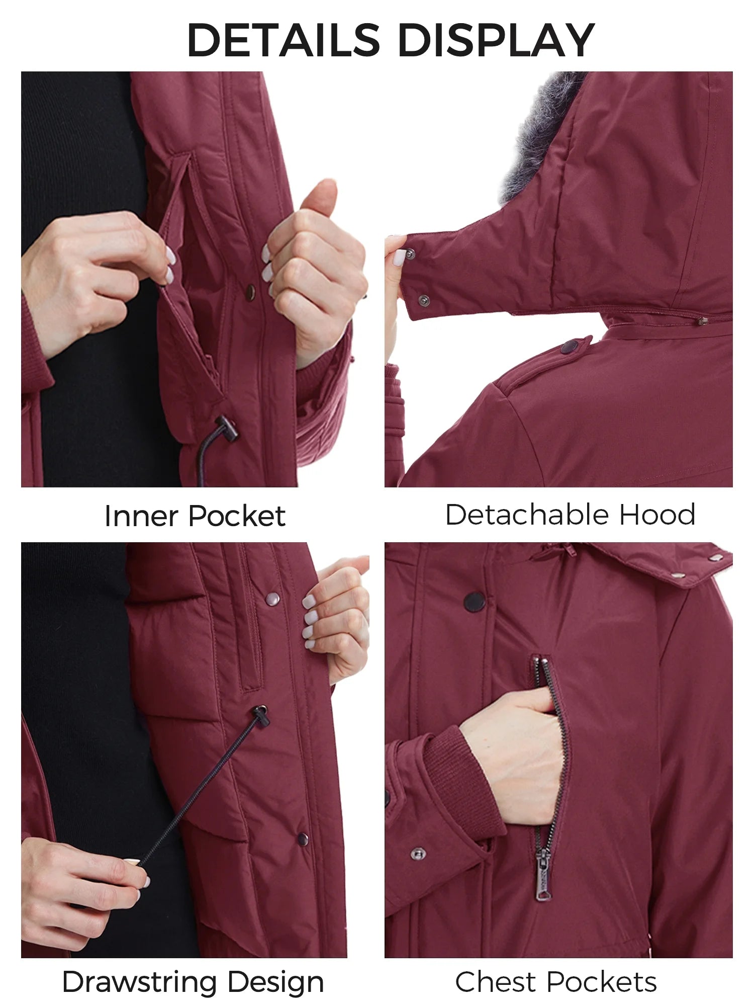 Women'S Big and Tall Winter Coat Recycled Waterproof Puffer Jacket Windproof Hooded Parka Jacket Wine Red 2XL