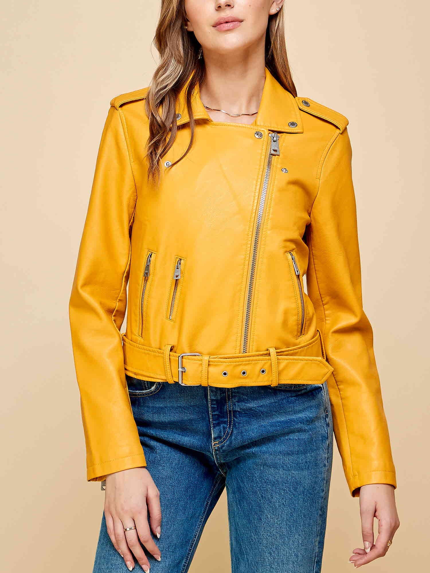 Women'S Asymmetrical Faux Lether Belted Moto Jacket XL MUSTARD