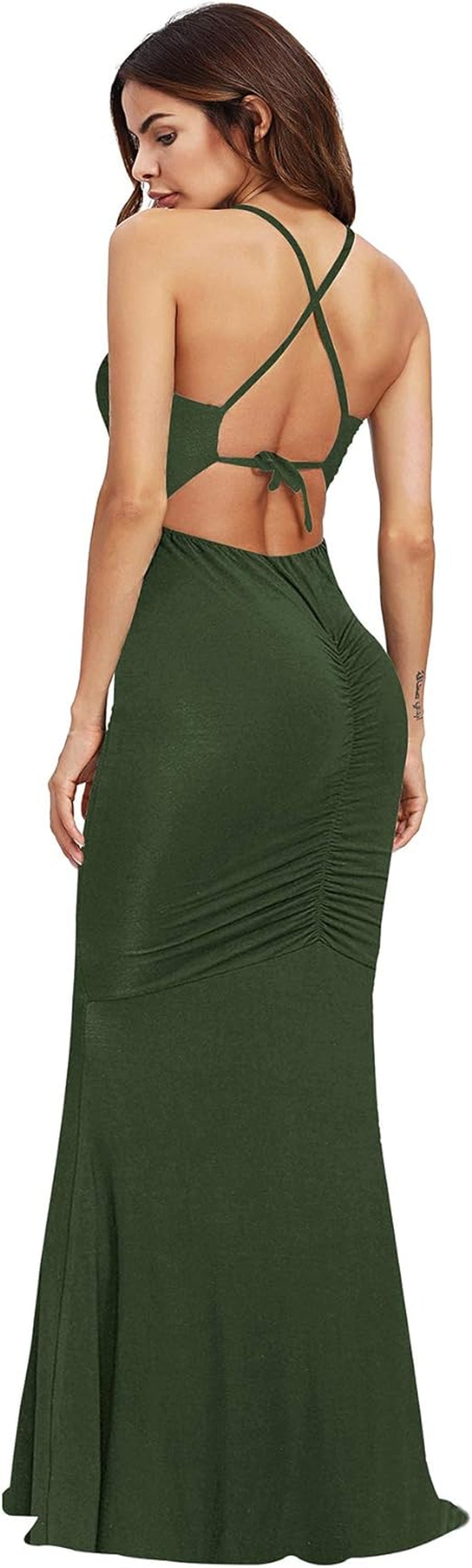 Women'S Sexy Striped Bodycon Maxi Dress Strappy Backless Summer Evening Party Dresses Dark Green X-Large