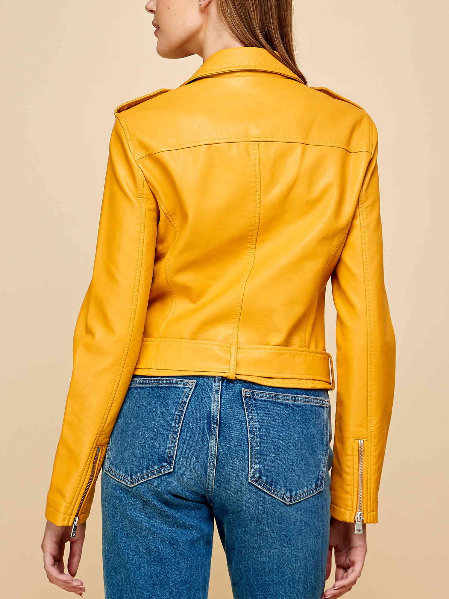 Women'S Asymmetrical Faux Lether Belted Moto Jacket XL MUSTARD