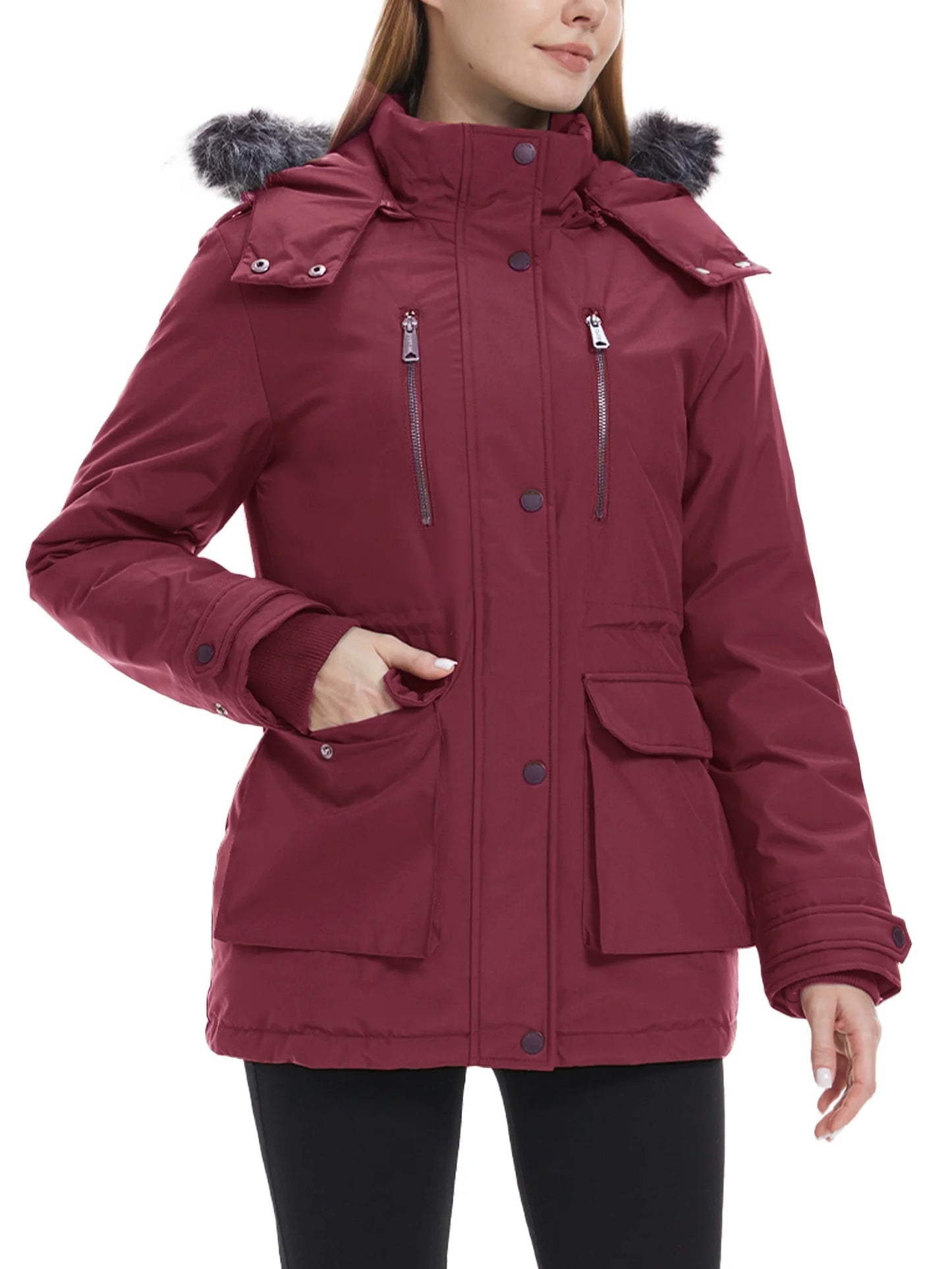 Women'S Big and Tall Winter Coat Recycled Waterproof Puffer Jacket Windproof Hooded Parka Jacket Wine Red 2XL