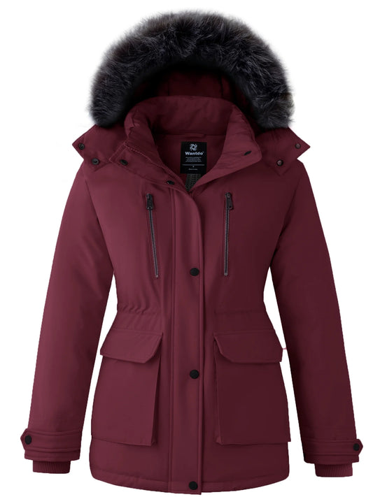 Women'S Big and Tall Winter Coat Recycled Waterproof Puffer Jacket Windproof Hooded Parka Jacket Wine Red 2XL