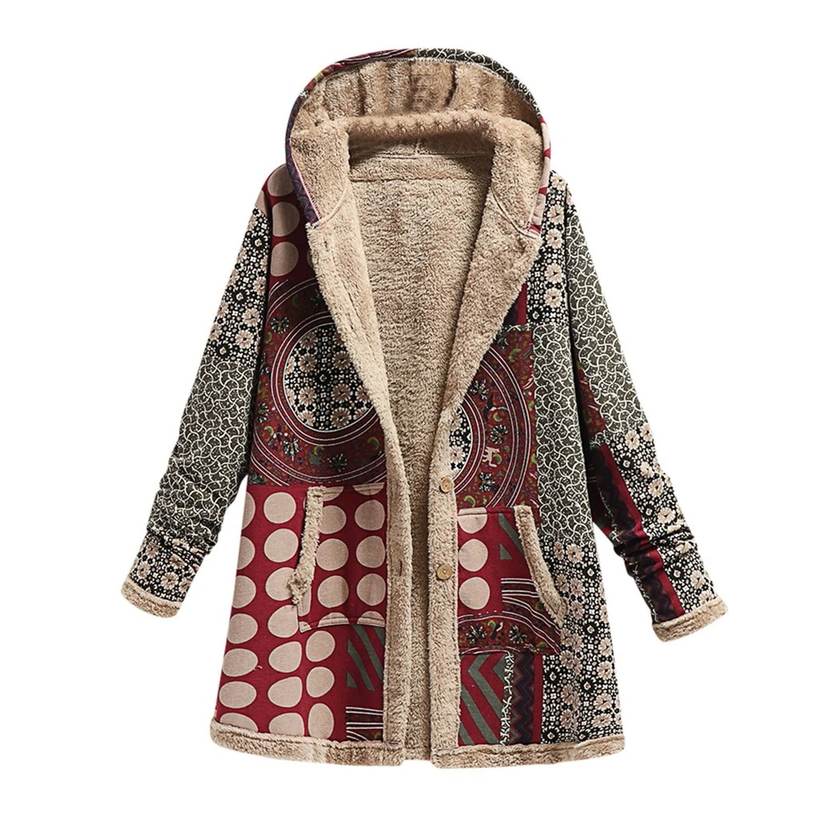 Fall Winter Fleece Jacket for Women Cotton and Linen Vintage Ethnic Printed Long Sleeve Hooded Pocket plus Velvet Casual Buttons Warm Outwear Coat #A01-Wine XXXL