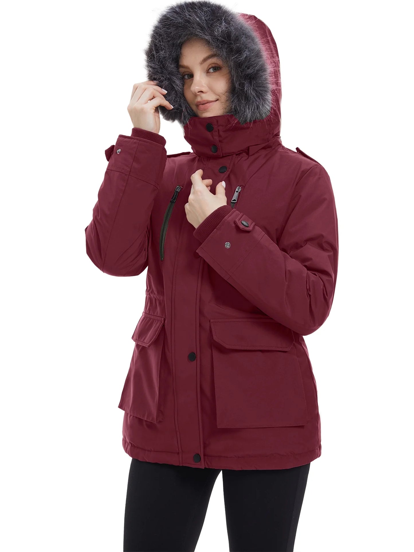 Women'S Big and Tall Winter Coat Recycled Waterproof Puffer Jacket Windproof Hooded Parka Jacket Wine Red 2XL