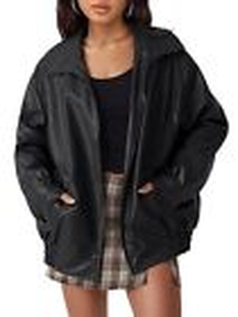 AUTOMET Womens Oversized Leather Jackets Faux Suede Fall Fashion Large Black