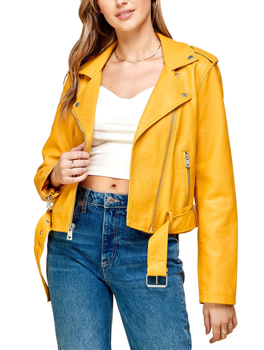 Women'S Asymmetrical Faux Lether Belted Moto Jacket XL MUSTARD