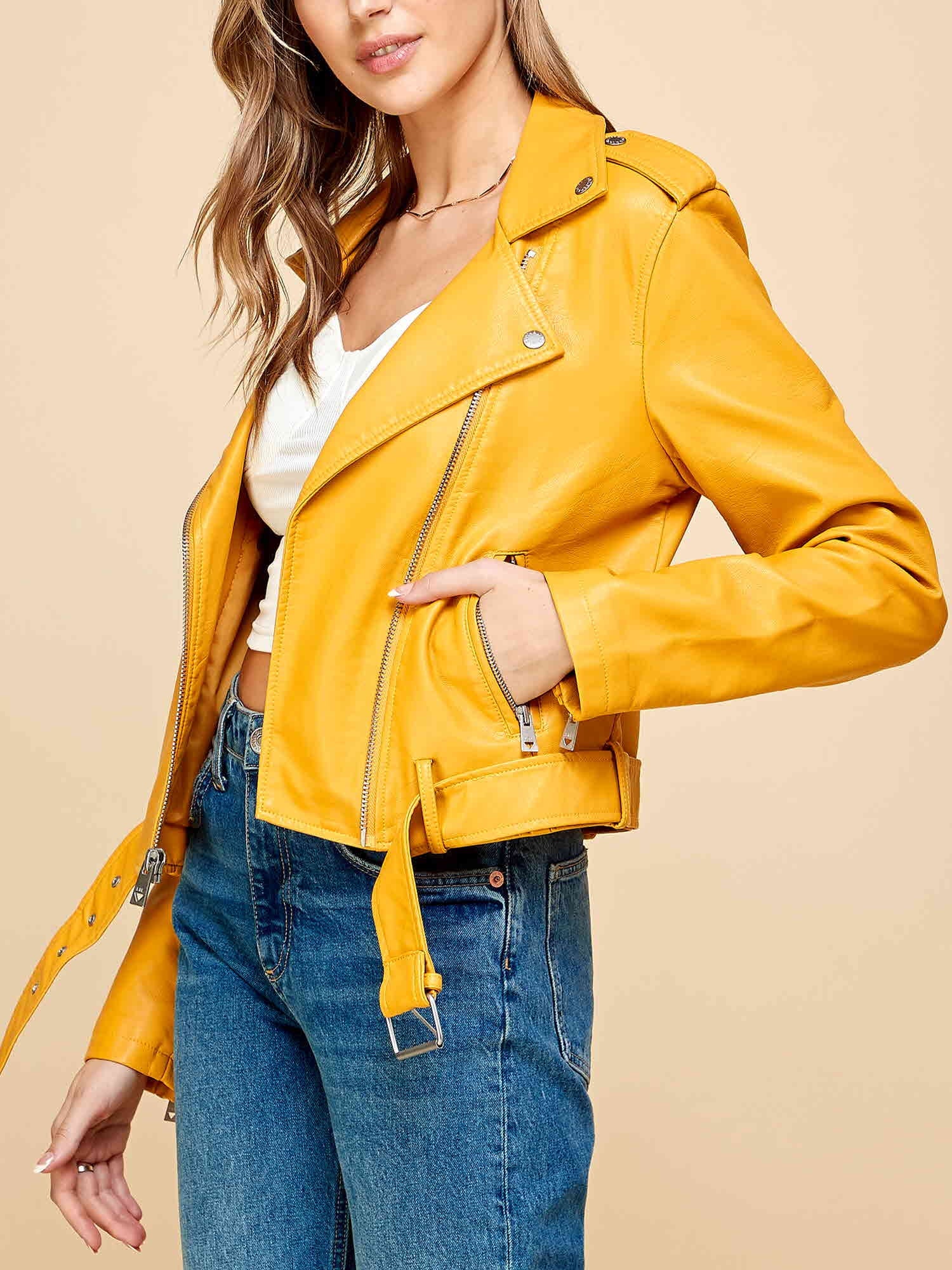 Women'S Asymmetrical Faux Lether Belted Moto Jacket XL MUSTARD