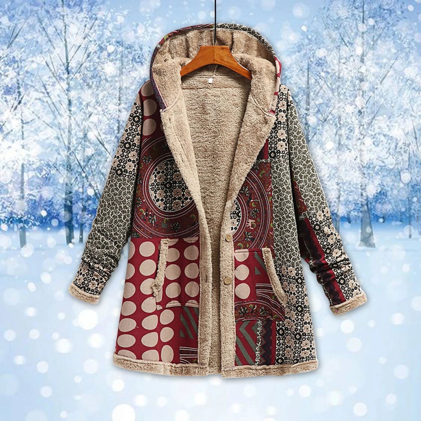 Fall Winter Fleece Jacket for Women Cotton and Linen Vintage Ethnic Printed Long Sleeve Hooded Pocket plus Velvet Casual Buttons Warm Outwear Coat #A01-Wine XXXL